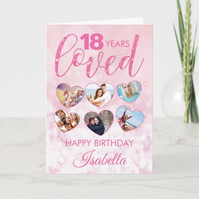 Girly Pink Glitter 18th Birthday Photo Collage Card (Front)