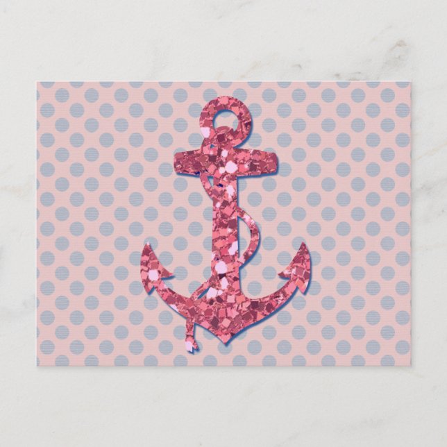GIRLY PINK GLITTER ANCHOR DOTS PATTERN POSTCARD (Front)