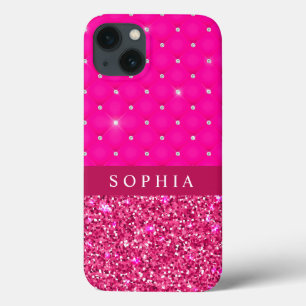 Girly Pink Glitter and Diamonds Personalized  iPhone 13 Case