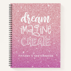 Girly Pink Glitter Artist Sketchbook with Name Notebook