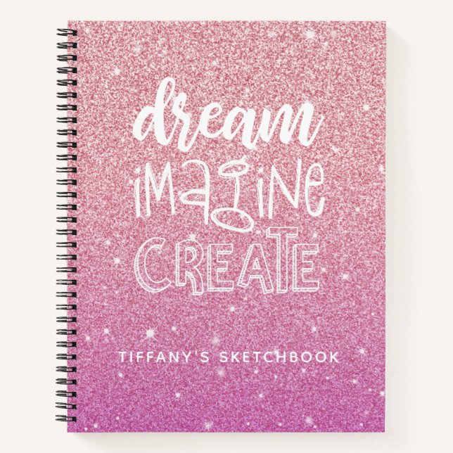 Girly Pink Glitter Artist Sketchbook with Name Notebook (Front)