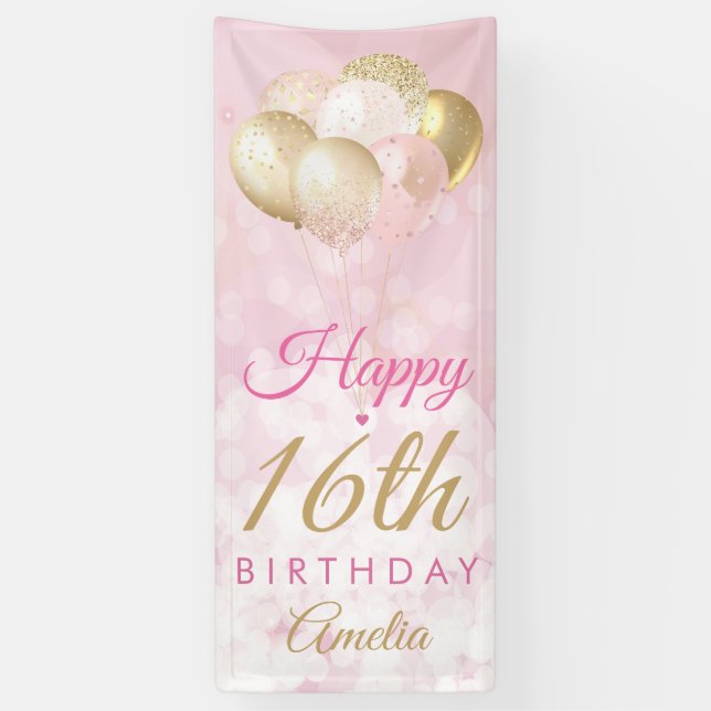 Girly Pink Glitter Balloons 16th Birthday Banner (Vertical)