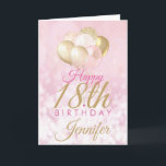 Girly Pink Glitter Balloons 18th Birthday Card<br><div class="desc">A gorgeous blush pink and glitter balloon happy 18th birthday card. This feminine design is the perfect way to wish someone a happy 18th birthday (or any age!) Personalize with our own custom name and message. Pink and gold colored typography on a bubble effect girly background.</div>