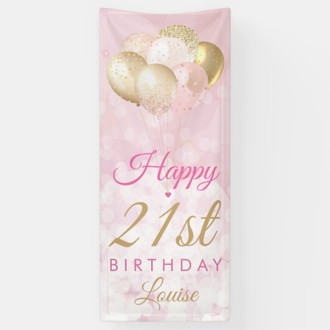 Girly Pink Glitter Balloons 21st Birthday Banner (Vertical)