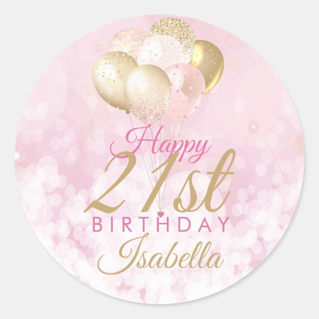 Girly Pink Glitter Balloons 21st Birthday Classic Round Sticker (Front)