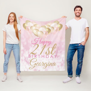 Girly Pink Glitter Balloons 21st birthday Fleece Blanket