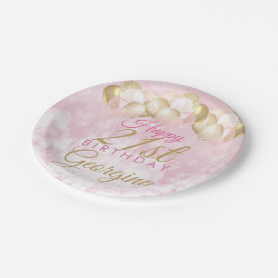 Girly Pink Glitter Balloons 21st Birthday Paper Plate