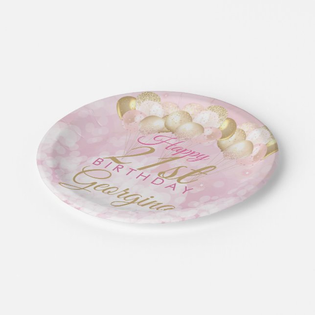Girly Pink Glitter Balloons 21st Birthday Paper Plate (Angled)