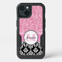 Girly, Pink, Glitter Black Damask Personalised