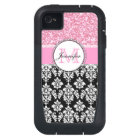 Girly, Pink, Glitter Black Damask Personalised