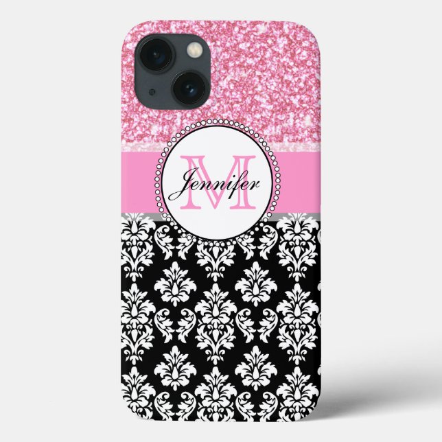 Girly, Pink, Glitter Black Damask Personalised Case-Mate iPhone Case (Back)