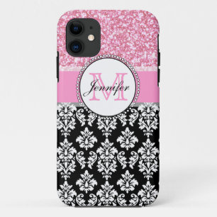 Girly, Pink, Glitter Black Damask Personalised iPhone 11 Case