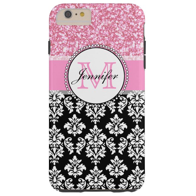 Girly, Pink, Glitter Black Damask Personalised Case-Mate iPhone Case (Back)