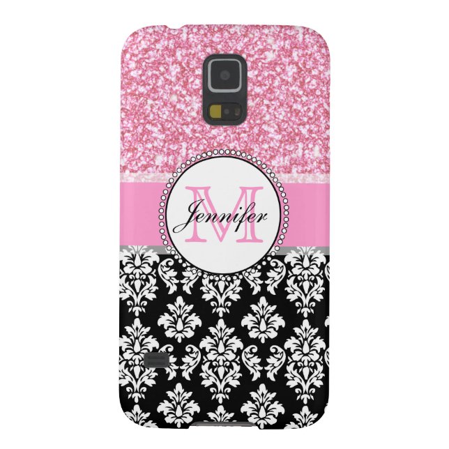 Girly, Pink, Glitter Black Damask Personalised Case-Mate Samsung Galaxy Case (Back)