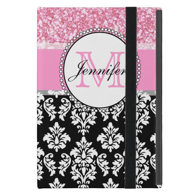 Girly, Pink, Glitter Black Damask Personalised iPad Mini Case (Front Closed)