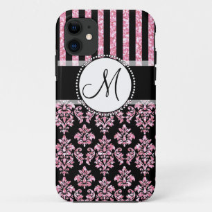 Girly, Pink Glitter, Black Damask Your Monogram iPhone 11 Case