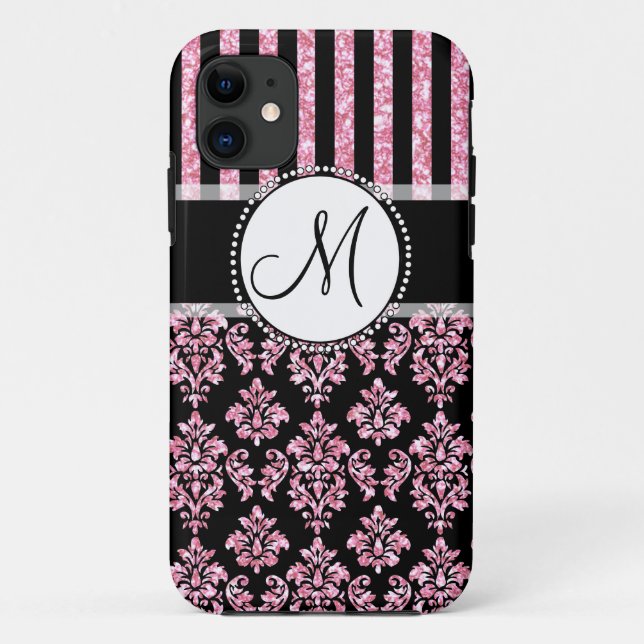 Girly, Pink Glitter, Black Damask Your Monogram Case-Mate iPhone Case (Back)