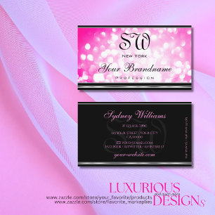 Girly Pink Glitter Black Silver Border Monogram  Business Card