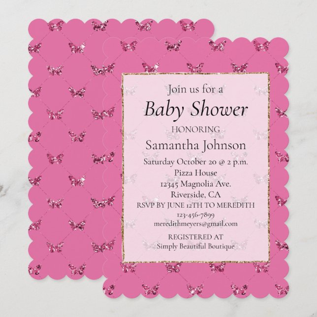 Girly Pink Glitter Butterflies Baby Shower Invitation (Front/Back)