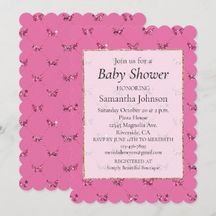 Girly Pink Glitter Butterflies Baby Shower Invitation