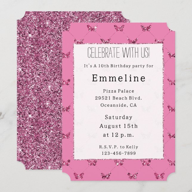 Girly Pink Glitter Butterflies Invitation (Front/Back)