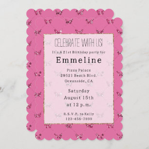 Girly Pink Glitter Butterflies Invitation