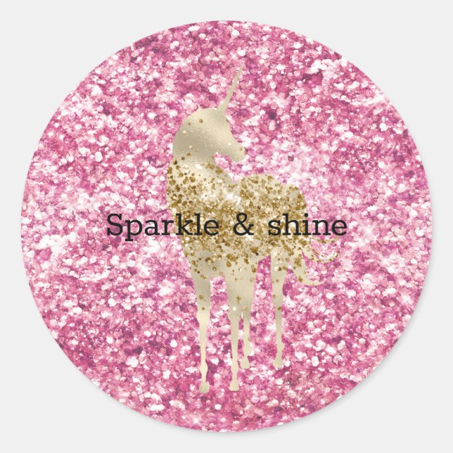 Girly Pink Glitter Confetti Gold Unicorn Classic Round Sticker (Front)