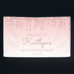 Girly Pink Glitter Drip 16th Birthday Party Banner<br><div class="desc">Welcome guests with this chic,  girly sixteenth birthday party banner,  featuring a sparkly pink faux glitter drip border and pink ombre background. Personalise it with her name  in dark rose handwriting script,  with the birthday and date below in rose sans serif font.</div>