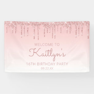 Girly Pink Glitter Drip 16th Birthday Party Banner
