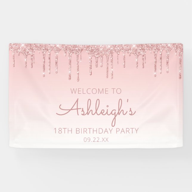 Girly Pink Glitter Drip 18th Birthday Party Banner (Horizontal)