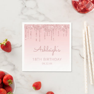 Girly Pink Glitter Drip 18th Birthday Party Napkin