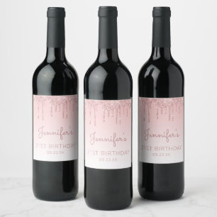 Girly Pink Glitter Drip 21st Birthday Party Wine Label