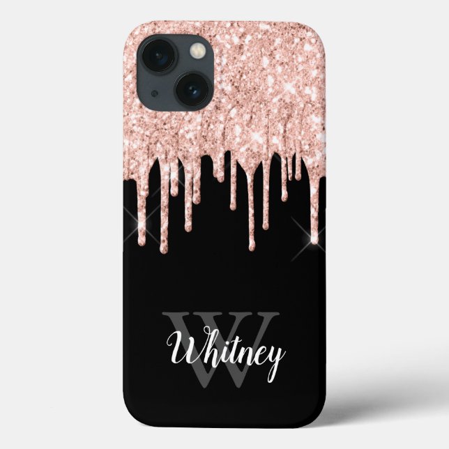Girly Pink Glitter Drip Grey Monogram Case-Mate iPhone Case (Back)