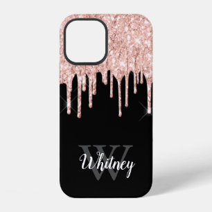 Girly Pink Glitter Drip Grey Monogram iPhone 12 Case