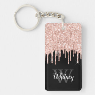 Girly Pink Glitter Drip Grey Monogram Key Ring