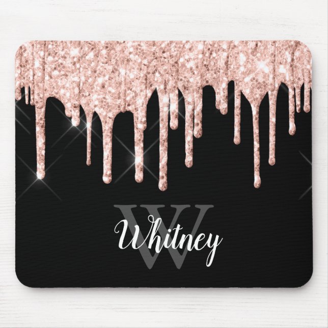 Girly Pink Glitter Drip Grey Monogram Mouse Mat (Front)