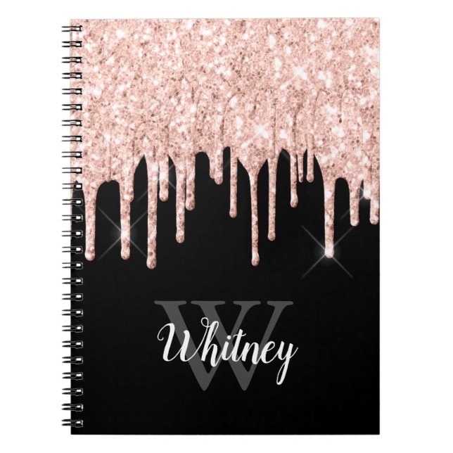Girly Pink Glitter Drip Grey Monogram Notebook (Front)