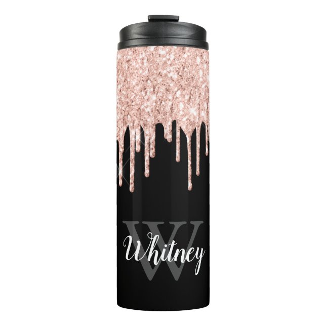 Girly Pink Glitter Drip Grey Monogram Thermal Tumbler (Front)