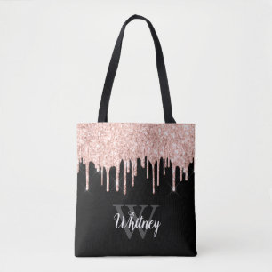 Girly Pink Glitter Drip Grey Monogram Tote Bag