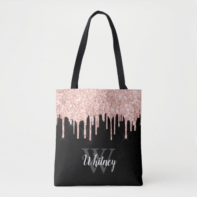 Girly Pink Glitter Drip Grey Monogram Tote Bag (Front)