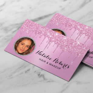 Girly Pink Glitter Drips Beauty Salon Photo Business Card