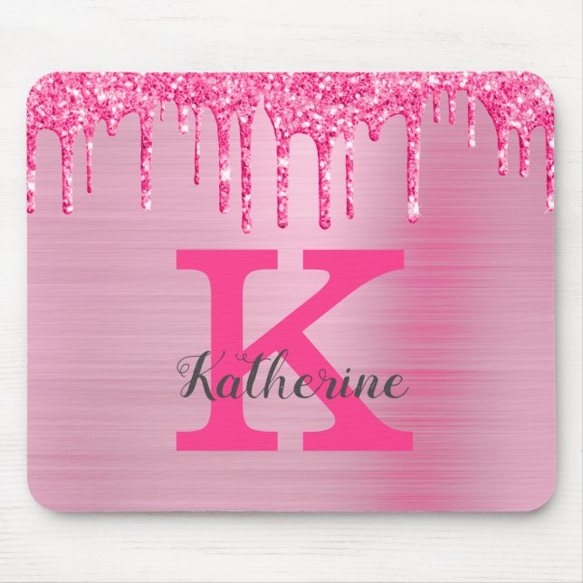 Girly Pink Glitter Drips Chic Glam Monogram Name Mouse Mat (Front)