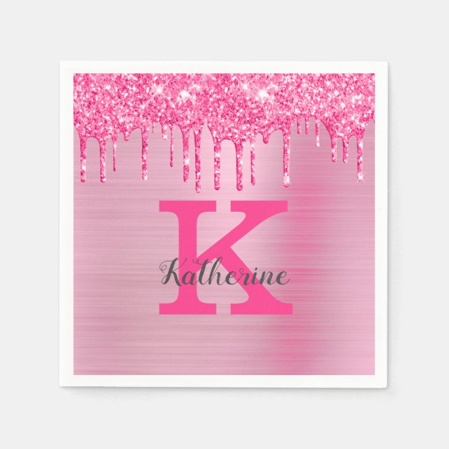 Girly Pink Glitter Drips Chic Glam Monogram Name Napkin (Front)