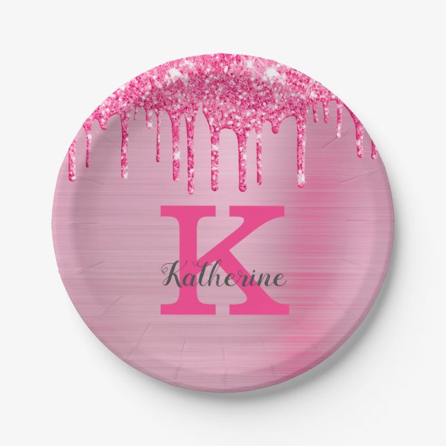 Girly Pink Glitter Drips Chic Glam Monogram Name Paper Plate (Front)