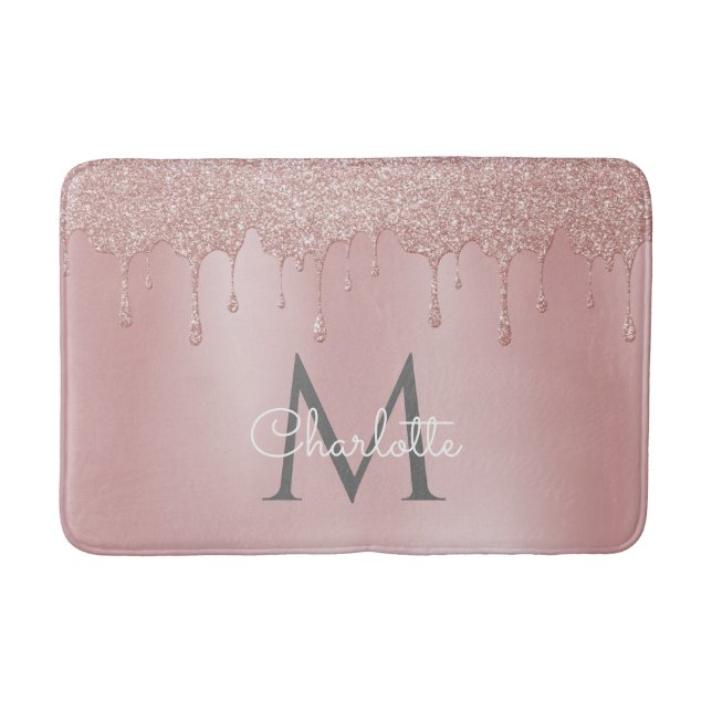 Girly Pink Glitter Drips Monogram Chic Script Bath Mat (Front)