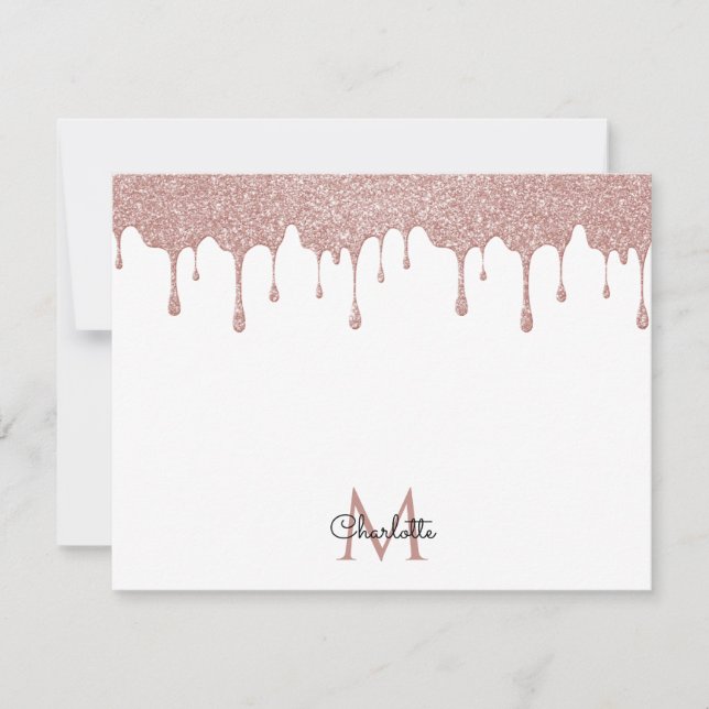 Girly Pink Glitter Drips Monogram Elegant Script Card (Front)