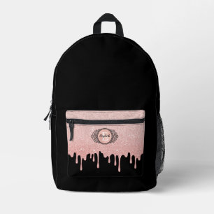 Girly Pink Glitter Drips Monogram School Printed Backpack