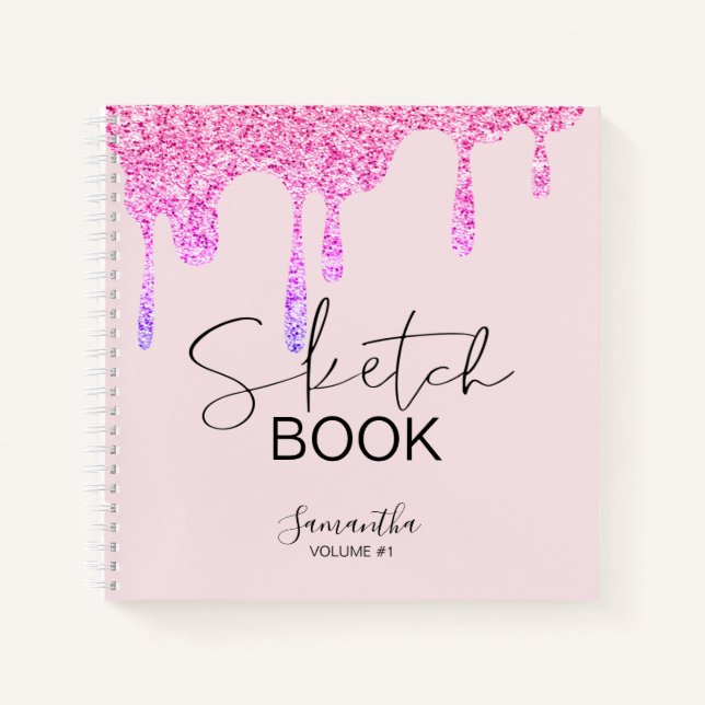 Girly Pink Glitter Drips Your Name Sketch Notebook (Front)