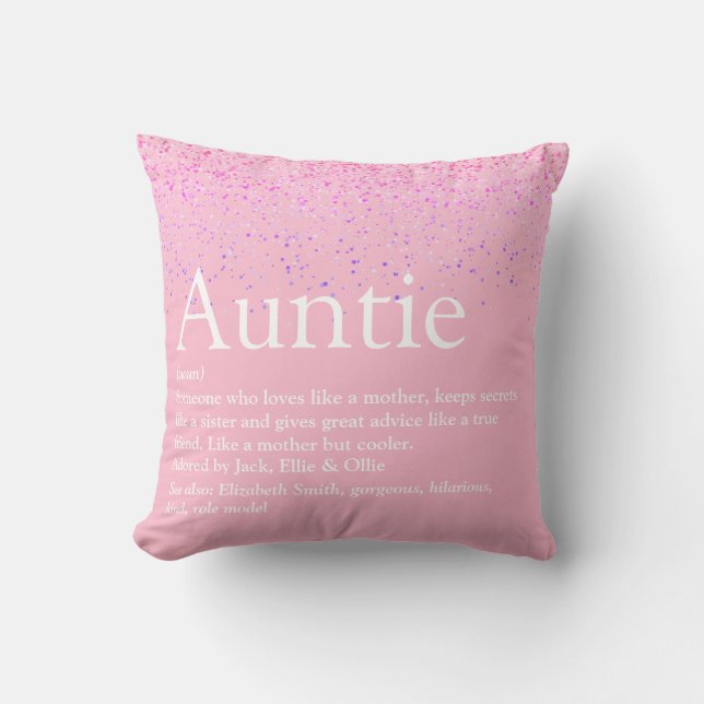 Girly Pink Glitter Fun Best Auntie Aunt Definition Cushion (Front)