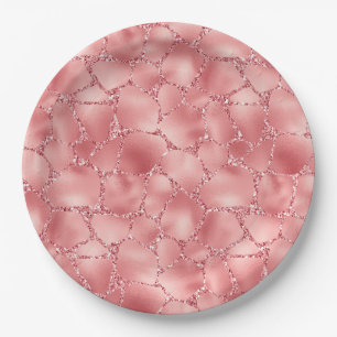 Girly Pink Glitter Giraffe Print Paper Plate